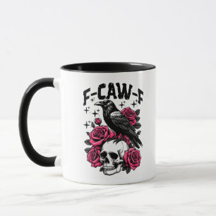 "F-CAW-F" Gothic Crow Skull & Pink Roses Tasse