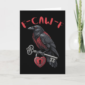 F-caw-f Schwarze Krähe hält Herzschloss und Schlüs Karte