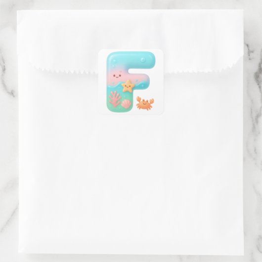 "F" Cute Bubble Letter - Underwater Sea Creature A Quadratischer Aufkleber (Tasche)