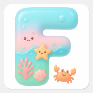 "F" Cute Bubble Letter - Underwater Sea Creature A Quadratischer Aufkleber