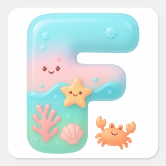 "F" Cute Bubble Letter - Underwater Sea Creature A Quadratischer Aufkleber (Vorderseite)