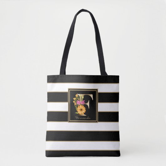 F Gold Floral Monogram | Schwarz-weiße Streifen Tasche (Vorderseite)