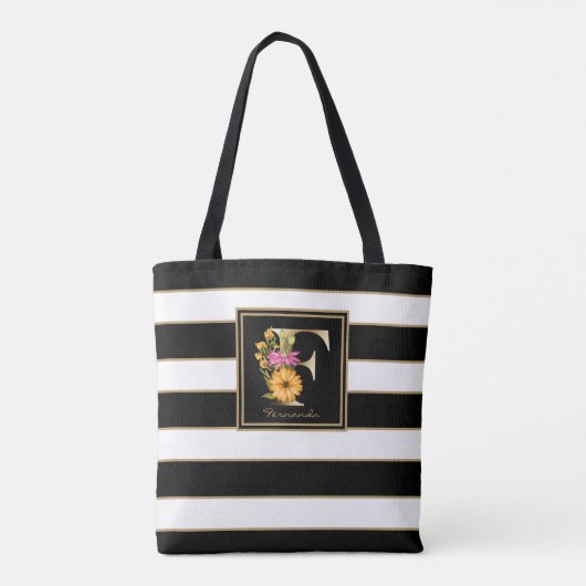 F Gold Floral Monogram | Schwarz-weiße Streifen Tasche (Rückseite)