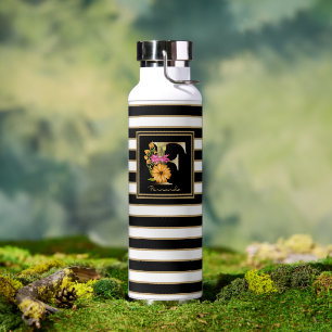 F Gold Floral Monogram Schwarz-weiße Streifen Trinkflasche