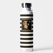 F Gold Floral Monogram | Schwarz-weiße Streifen Trinkflasche (Links)