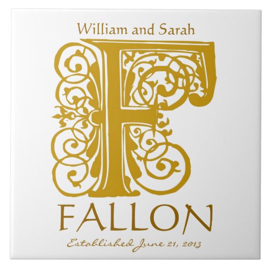 F Gold Monogram auf White - Names Wedding Date Til Fliese (Vorderseite)