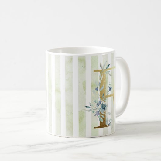 F Goldener Initialwert an blau-weißen Streifen Kaffeetasse (VorderseiteRechts)