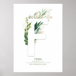 F Letter Monogram Gold Greenerage Foliage Chic Poster