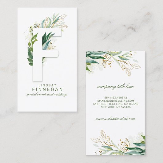 F Letter Monogram Gold Greenerity Blätter Elegant Visitenkarte (Vorne/Hinten)