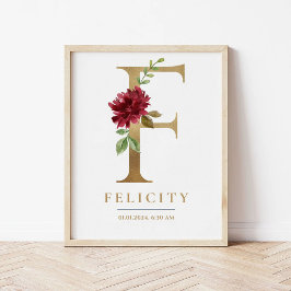 F Letter Monogram Name Marsala Floral Kinderzimmer Poster