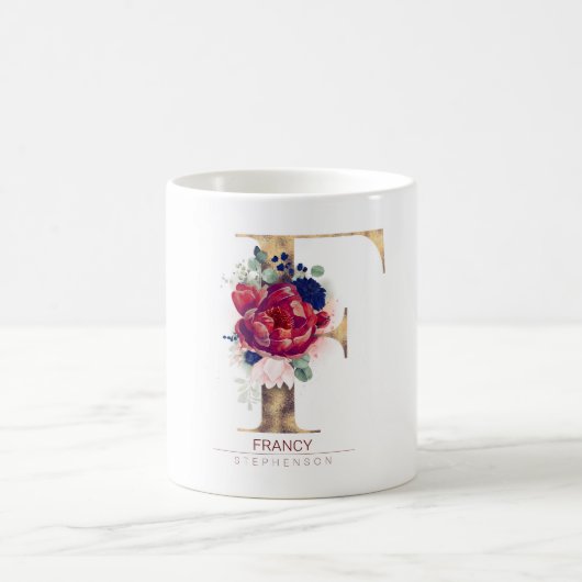 F Monogram Floral Burgund Red and Navy Blue Kaffeetasse (Mittel)