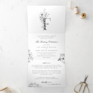 'F' Monogram Schöne gezeichnete Blumenhochzeit Dreifach Gefaltete Einladung