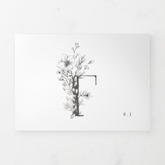 'F' Monogram Schöne gezeichnete Blumenhochzeit Dreifach Gefaltete Einladung (Cover)