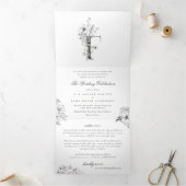 'F' Monogram Schöne gezeichnete Blumenhochzeit Dreifach Gefaltete Einladung (Innenseite)