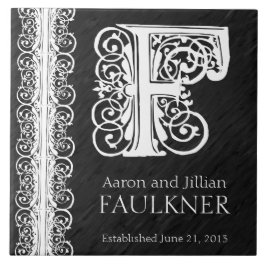 F Monogram "White Lace on Black" Hochzeitszange Fliese