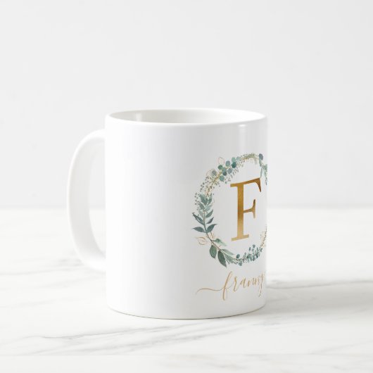 F Monogramm, kundenspezifischer Blattkranz Kaffeetasse (Vorderseite Links)