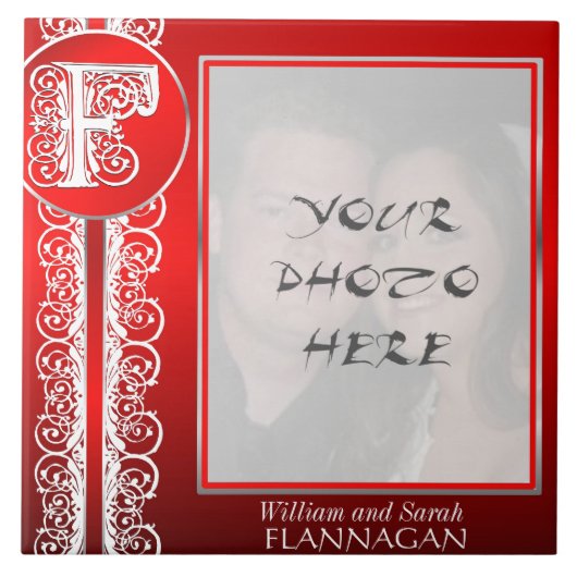 F Monogramm "Weiße Spitzen auf Rot" mit Foto - Til Fliese (Vorderseite)