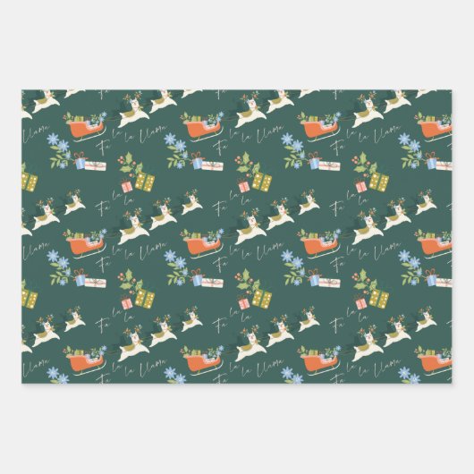 Fa La Christmas Llama Rentiers Sleigh Pattern Geschenkpapier Set (Vorderseite 2)