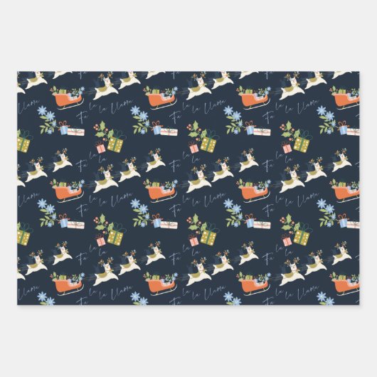 Fa La Christmas Llama Rentiers Sleigh Pattern Geschenkpapier Set (Vorderseite)