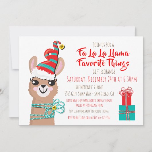 Fa la Llama Favorite Things Austausch von Geschenk Einladung (Vorderseite)