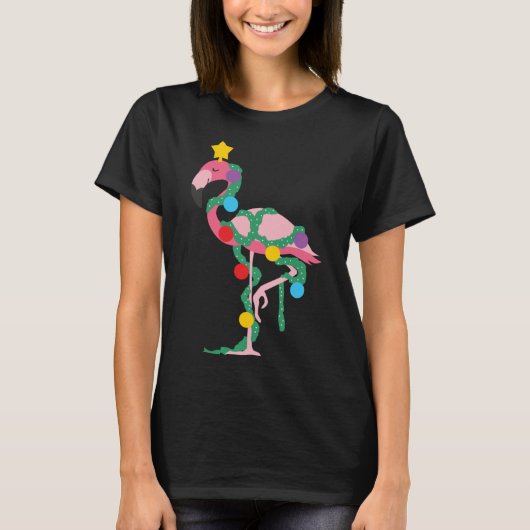 Fa La Mingo Pink Flamingo Weihnachtsbaum Lichter T-Shirt (Vorderseite)