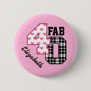 FAB 40. Geburtstag ROSA POLKA-PUNKTE und KARIERTES Button