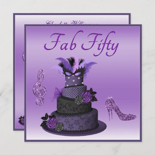 Fab 50 Lila Diva Cake, glatte High Heels Einladung (Vorne/Hinten)