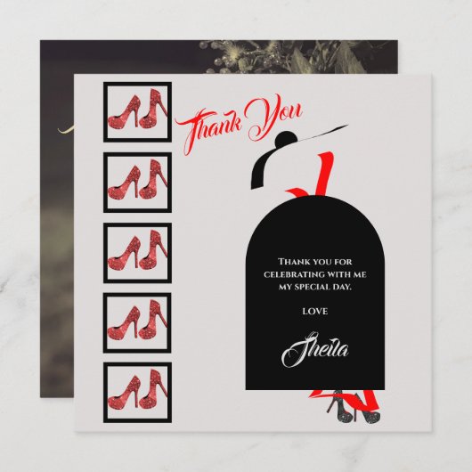 Fab Silhouette Glam Shoes Red Black Birthday Foto Dankeskarte (Vorne/Hinten)