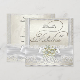 Fabelhaft Cream Weiße Perlen Spitze Damast Diamant Einladung