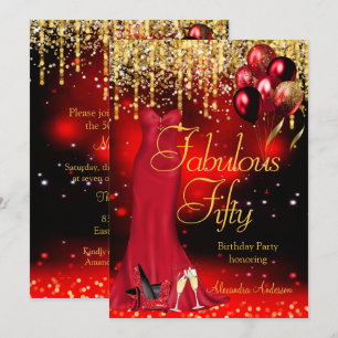 Fabelhafte 50er-Party-Rot-Glitter-Gold-High-Heels- Einladung