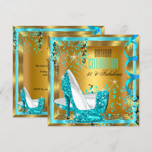 Fabelhafte Glitter Türkis High Heels Gold Geburtst Einladung