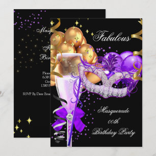 Fabelhafte lila-gold-schwarze Maskenparty 4 Einladung