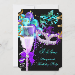 Fabelhafte Lila Türkis Schwarze Maskenparty Einladung