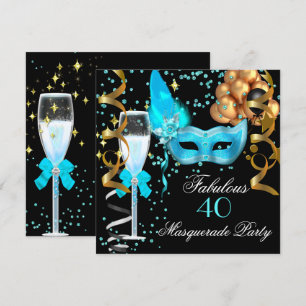 Fabelhafte Teal-Gold-Schwarze Maskenparty Einladung