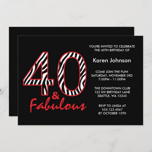 Fabelhafter 40. schwarzer und roter einladung (Vorne/Hinten)