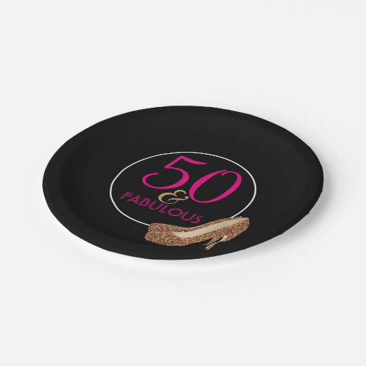 Fabelhaftes 50 rosa schwarzes 50. pappteller (Schrägansicht)