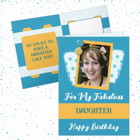 Fabeltochter Foto Name blau gelb Geburtstag Karte