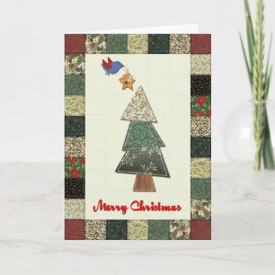 Fabric Christmas Tree and Bird Holiday Card Feiertagskarte