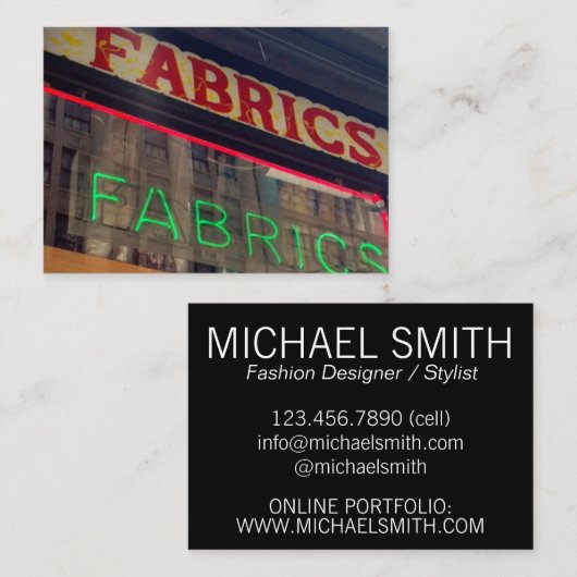 Fabric Store Neon Sign Kostüm Fashion Designer Visitenkarte (Vorne/Hinten)