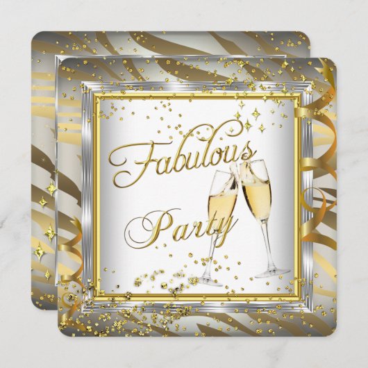 Fabulares Party Champagner Zebra Creme Gold Silber Einladung (Vorne/Hinten)
