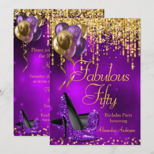 Fabulöse Fifty Party Lila Glitter Gold High Heel Einladung