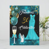 Fabulous 30 Champagner Party Aquamarin Blue Heelse Einladung (Stehend Vorderseite)