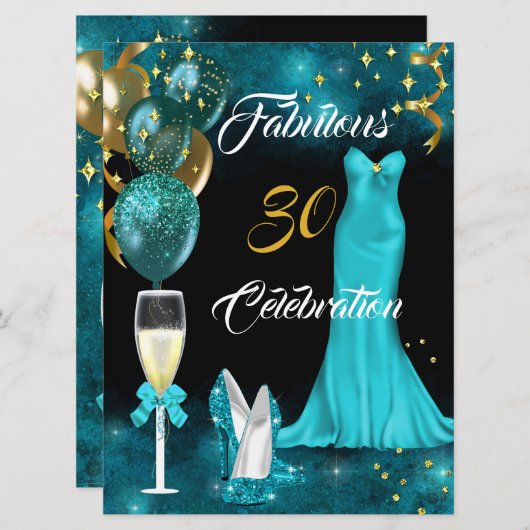 Fabulous 30 Champagner Party Aquamarin Blue Heelse Einladung (Vorne/Hinten)