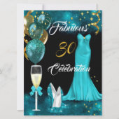 Fabulous 30 Champagner Party Aquamarin Blue Heelse Einladung (Vorderseite)