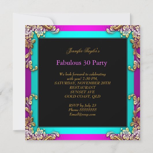 Fabulous 30 Hot Pink Aquamarin Glitzer Gold Party Einladung (Rückseite)