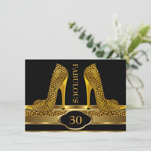 Fabulous 30 Leopard Gold Cheetah High Heels Party Einladung (Stehend Vorderseite)