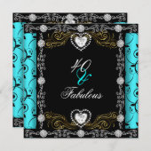 Fabulous 40 Damask Aquamarin Black Silver 40. Gebu Einladung (Vorne/Hinten)
