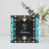 Fabulous 40 Damask Aquamarin Black Silver 40. Gebu Einladung (Stehend Vorderseite)