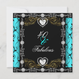 Fabulous 40 Damask Aquamarin Black Silver 40. Gebu Einladung