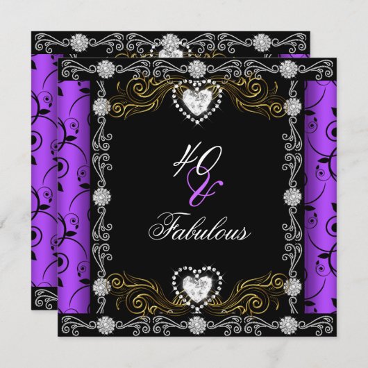 Fabulous 40 Damask Lila Black 40. Party Einladung (Vorne/Hinten)